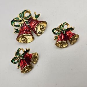 Vintage Red Enamel Christmas Bells Brooch  Holiday Xmas Jewelry Set